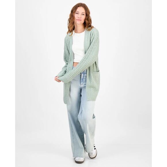 Hippie Rose Juniors Size M Green Open Front Long Sleeve Knit Cardigan Sweater - Picture 9 of 9